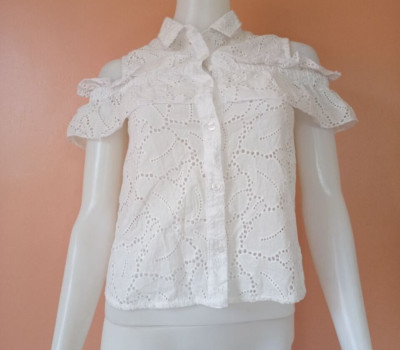 MSGM KIDS RUFFLED EYELET EMBROIDERED  OFF-SHOULDER TOP WHITE SIZE 14