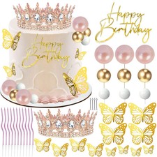 Elegant Crown Cake Topper with Gold Butterflies and Birthday Candles