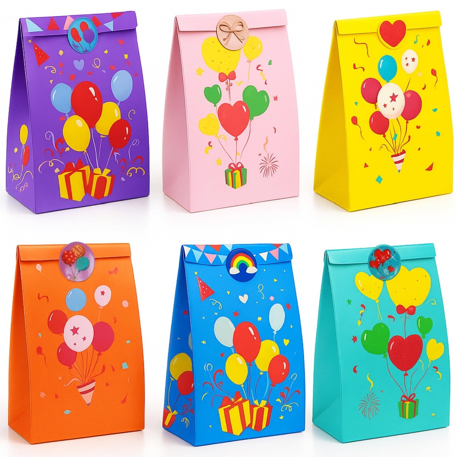 Party Favor Bags with Stickers | 24 Pack Kraft Goodie Bags with Assorted Colo...