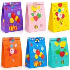 Party Favor Bags with Stickers | 24 Pack Kraft Goodie Bags with Assorted Colo...