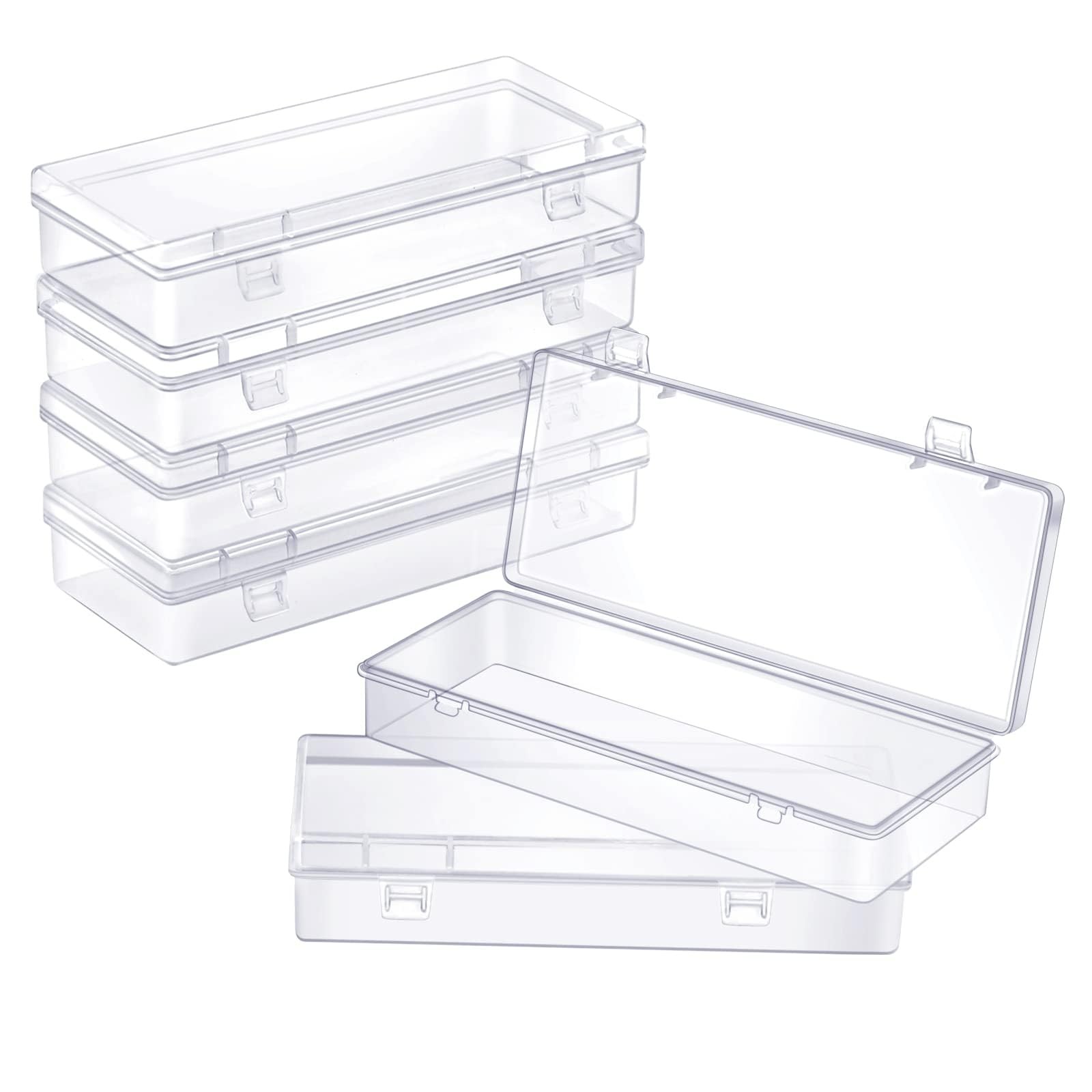 6 Pack Small Plastic Storage Containers with Hinged Lids, Rectangle Clear