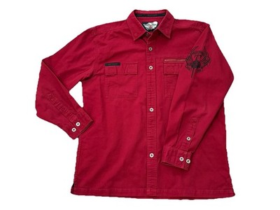 harley davidson long sleeve dress shirts Men's Button Up Cotton shirt Size L Red Adjustable cuffs Demons Behind Me Men's Redemption