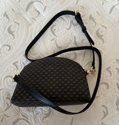 Calvin Klein CK Monogram Brown Dome Crossbody Bag, Gold Hardware, Zip Strap