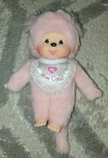1974 Monchhichi Mee Girls Monkey Plush Doll Plastic Face Sparky Pink Sekiguchi