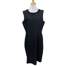 T Tahari Dress Womens 14 Charcoal Silver Chain Trimmed Neck Sleeveless Sheath