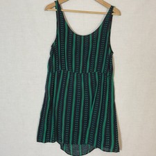 I LOVE H81 Dress Large Green Black Casual Sundress Cut Out Back Rayon Forever 21