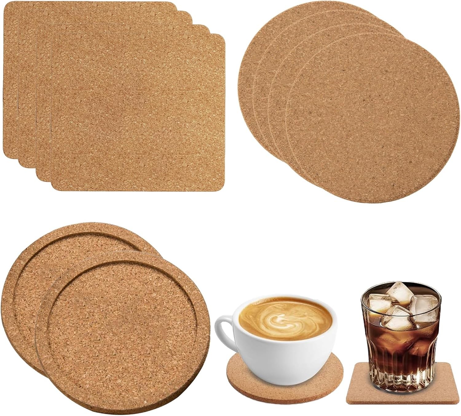 12PCS Cork Coasters for Drinks，Square and Round Plant Placemats，Absorbent H