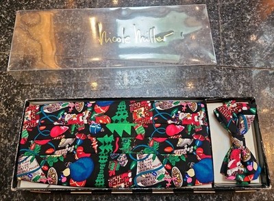 Nichole Miller Christmas Holiday Cummerbund Belt & Bow Tie  100% Silk