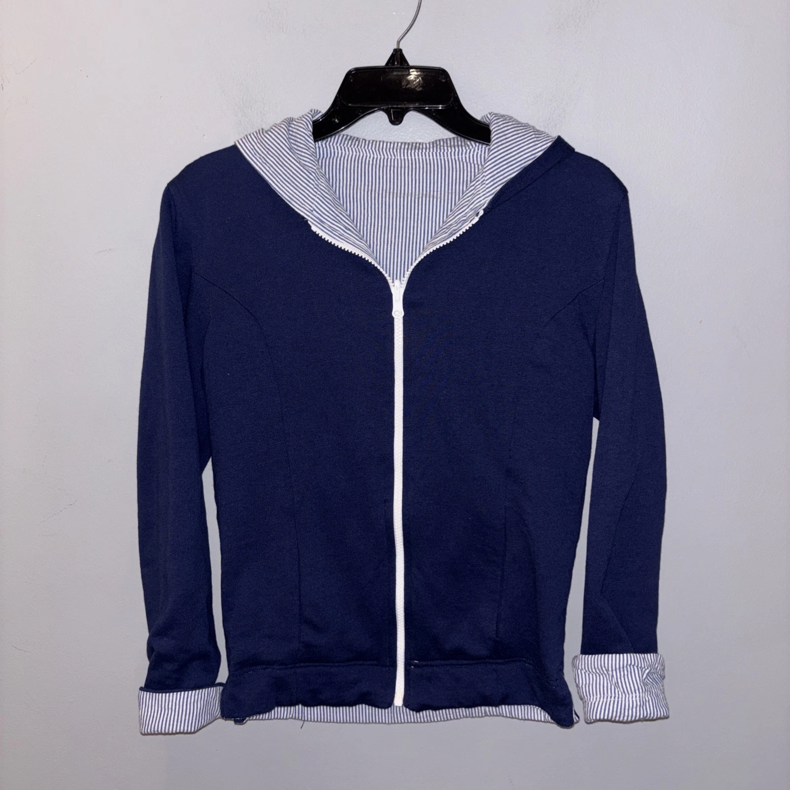 Nantucket Navy Striped Reversible Hooded Jacket Nautical Preppy Coastal Sz S