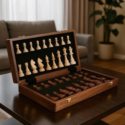 15'' Walnut Chess Set with Storage Board for Adults & Children. 2 Players