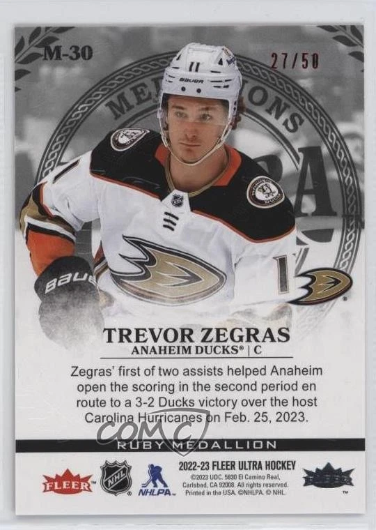 2022-23 Upper Deck Fleer Ultra Medallions Ruby Red /50 Trevor Zegras #M-30 - Image 2 of 2