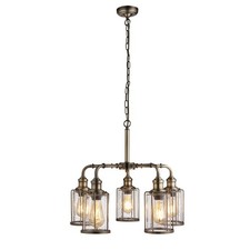 5 Light Antique Brass Ceiling Fitting Pendant Bar Light With Seeded Glass Shades