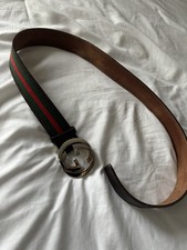 Authentic Gucci Web Green/Red Canvas Silver Interlocking G Buckle Belt