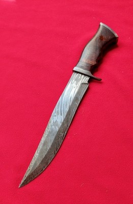 13'' Rudy Stan Damascus Steel Hunter w/ Exotic Hardwood Grip & Leather Sheath.