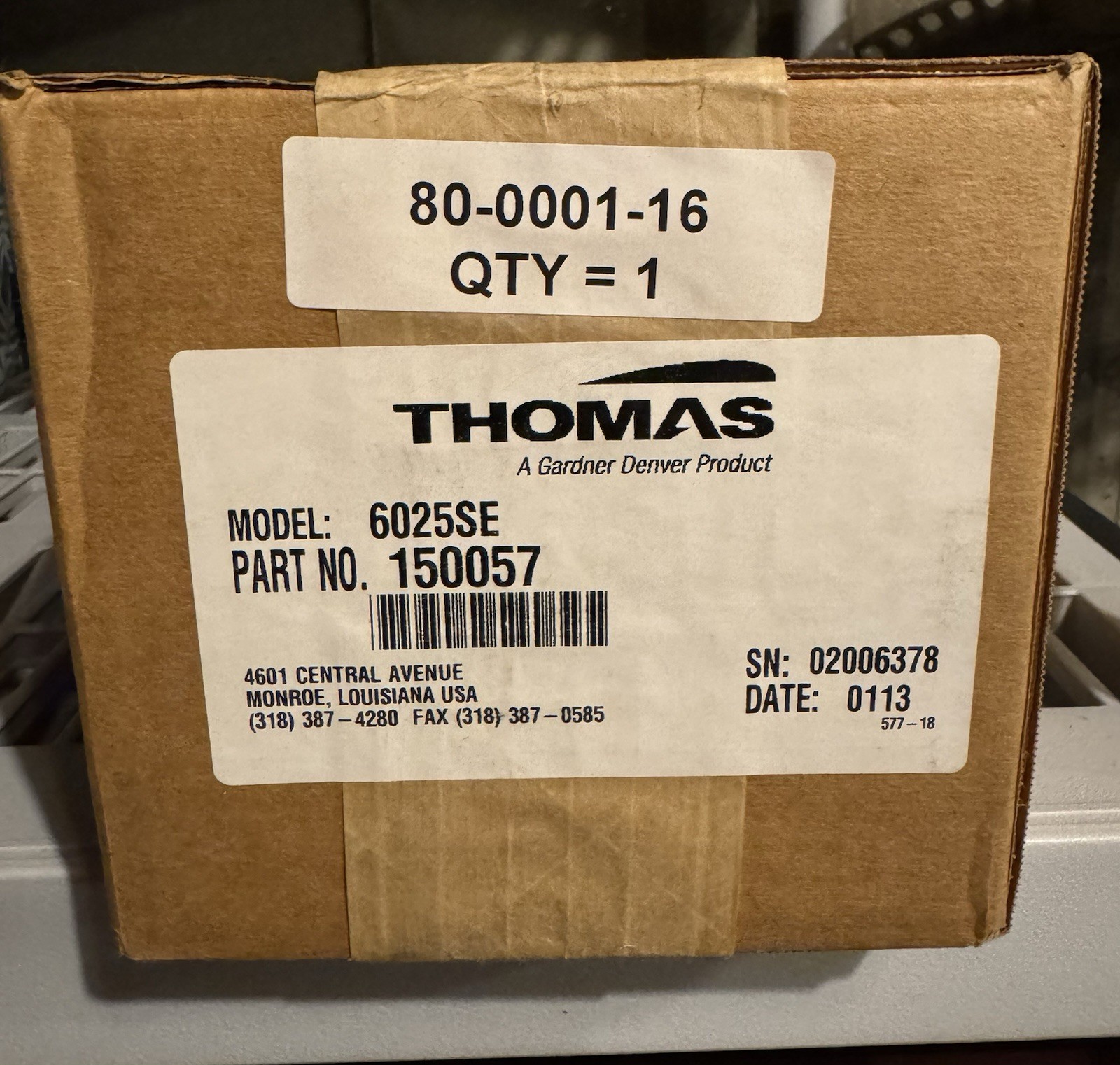 Thomas Linear Diaphragm Compressor/Vacuum Pump 150057 Model 6025SE 60 Hz, 115V