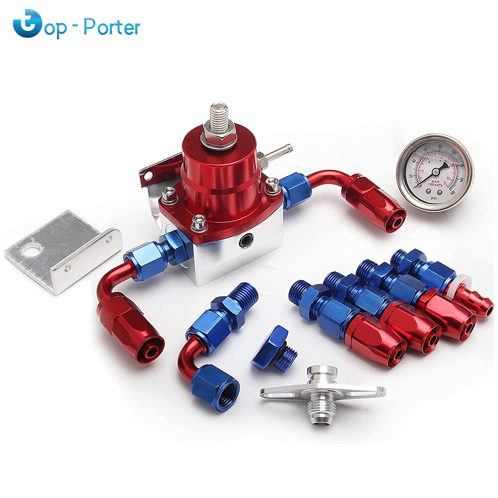 Universal Red Adjustable Fuel Pressure Regulator Kit Oil 0-100psi Gauge ...