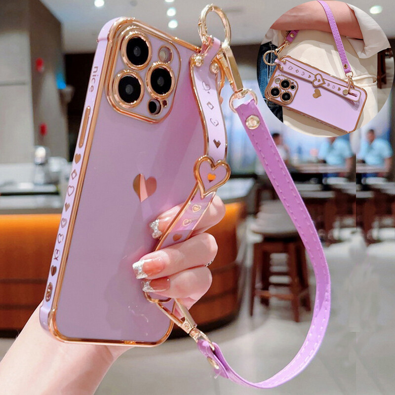 For iPhone 16 15 14 Pro Max 13 12 11 Shockproof Heart Hand Strap Soft Case  Cover