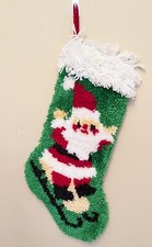 Vtg Latch Hook Yarn Shag Christmas Stocking 22" Handmade Santa Sled Retro