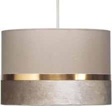 Beige Velvet & Fabric Drum Pendant Shade with Gold Metallic Band 30cm