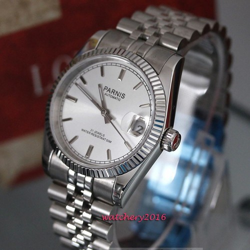 36mm Parnis Quadrante Argento Miyota 821A sappgire Automatico Orologio Uomo  Data Luminosa | eBay