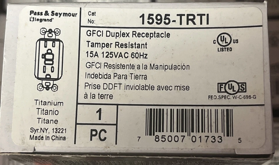Pass & Seymour 1595-TRTI GFCI resistente a manipulaciones 15A 125VAC titanio (t74) Foto 2 de 4