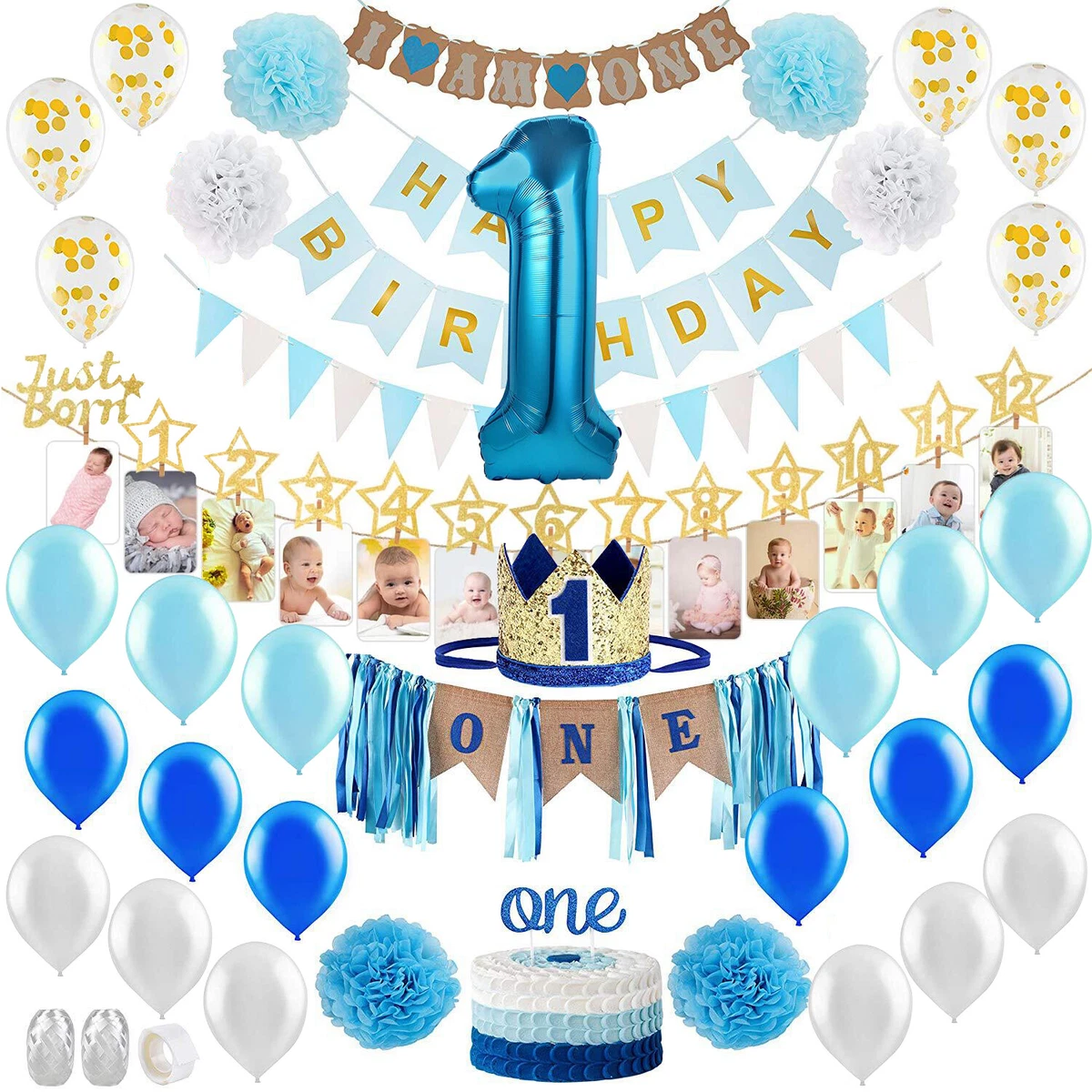 1st Birthday Decorations Boy Blue First Birthday Baby Shower Party DIY  Supplies