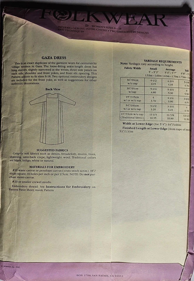 Folkwear Gaza Dress Pattern 101 Sz 6-16 VINTAGE 1982 Unused-F3  - Image 2 of 3