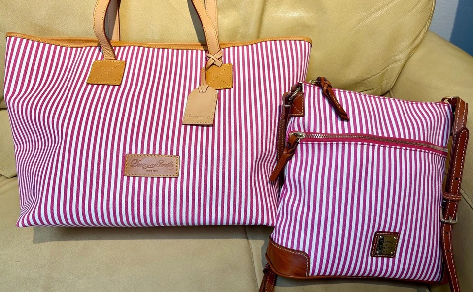 Dooney Bourke Bundle Set Fuchsia Pink Seaview Stripes Large Tote Crossbody Bag - Image 3 of 4