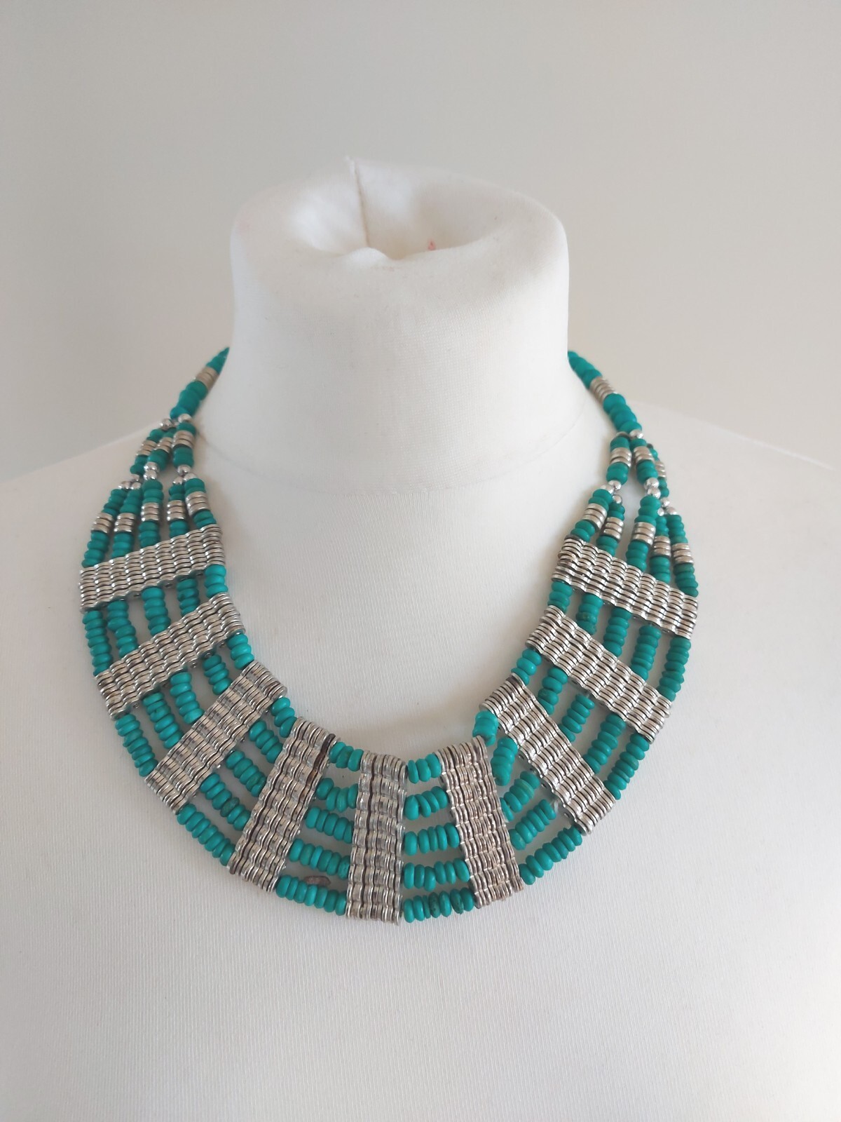 Statement Cleopatra Style Necklace Silvertone & T… - image 9