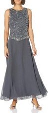 Stunning JKARA Dark Gray Chiffon Beaded Bodice Sleeveless Formal Gown Size 10