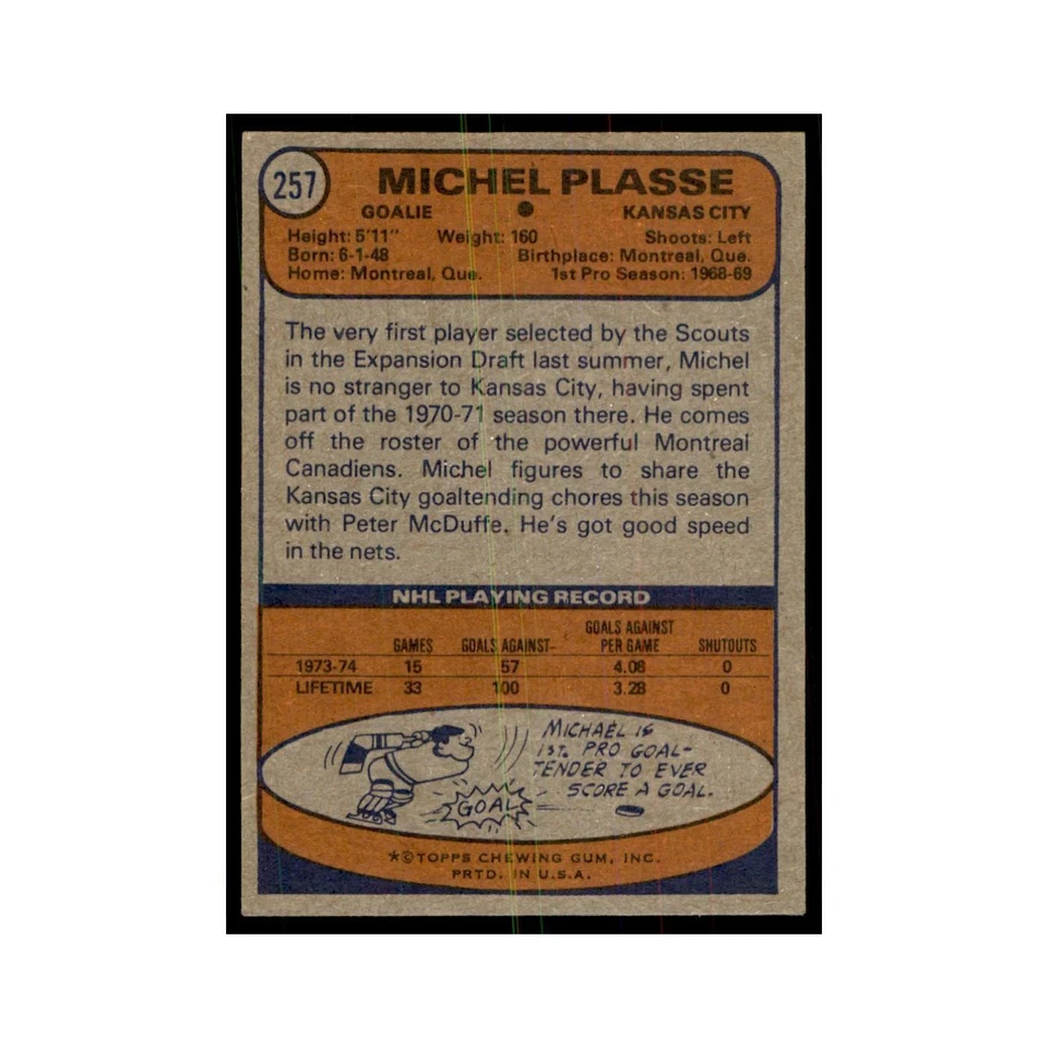 Michel Plasse 1974 Topps #257 Hockey Cards Hockey Card EX - Image 2 of 3