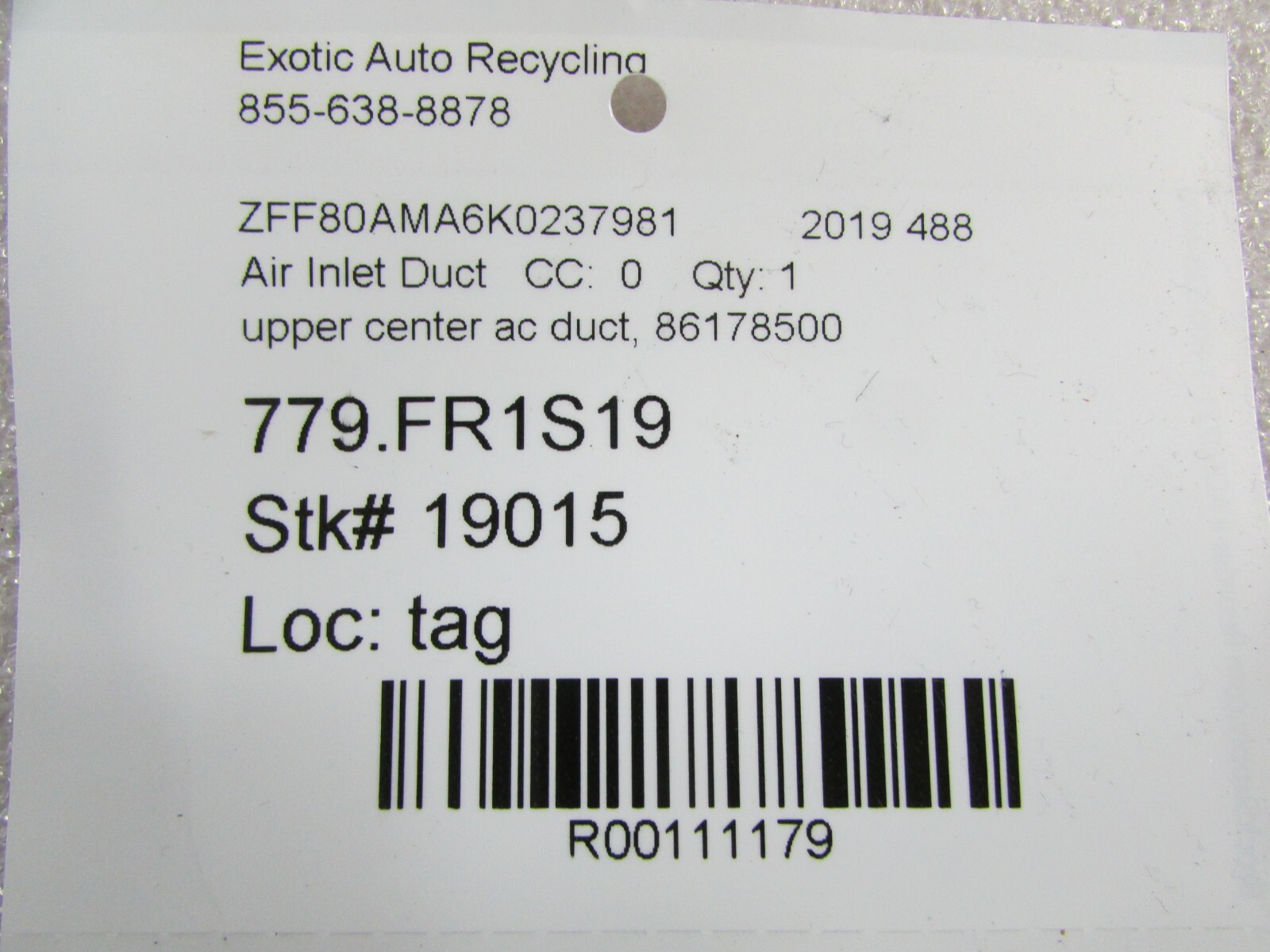 Ferrari 488, Upper Center AC Duct, Used, P/N 86178500