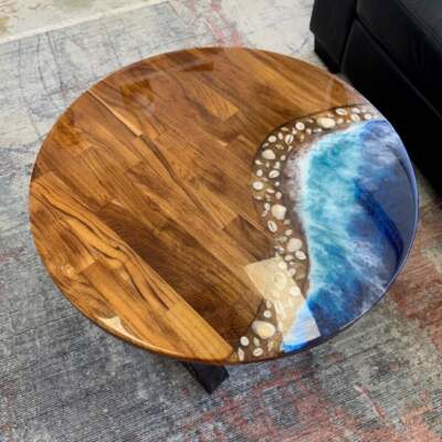 Blue Epoxy Resin Coffee Table Top, Wooden Round Table Top, Hallway Furniture Top