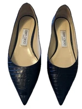 Jimmy Choo $625 37.5 Navy LOVE Flat croc-embossed leather Pointy Toe Shoes Black