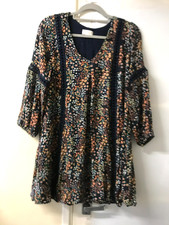 Apricot Floral Boho Mini Dress Navy Blue Navy Blue Embroidery Trim Size UK 8 /10