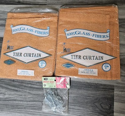 NOS MCM~2 Happy Home 100% Glass-Fibers Tier Curtains&Empire Drapery Hooks 36x60w