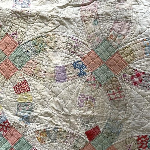 Antique Vintage Quilt Patchwork Double Wedding Ring Feed Sack 210×172cm - Picture 5 of 17