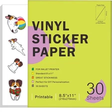 30 Sheets Premium Printable Vinyl Sticker Paper for Inkjet Printers Glossy Wh...