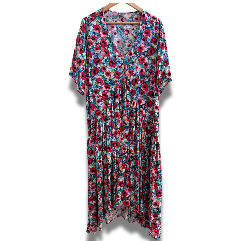 Vestido Avenue Talla 18/20 Floral Midi Cuello en V Rojo Amapola Boho Cottagecore Verano Foto 2 de 4