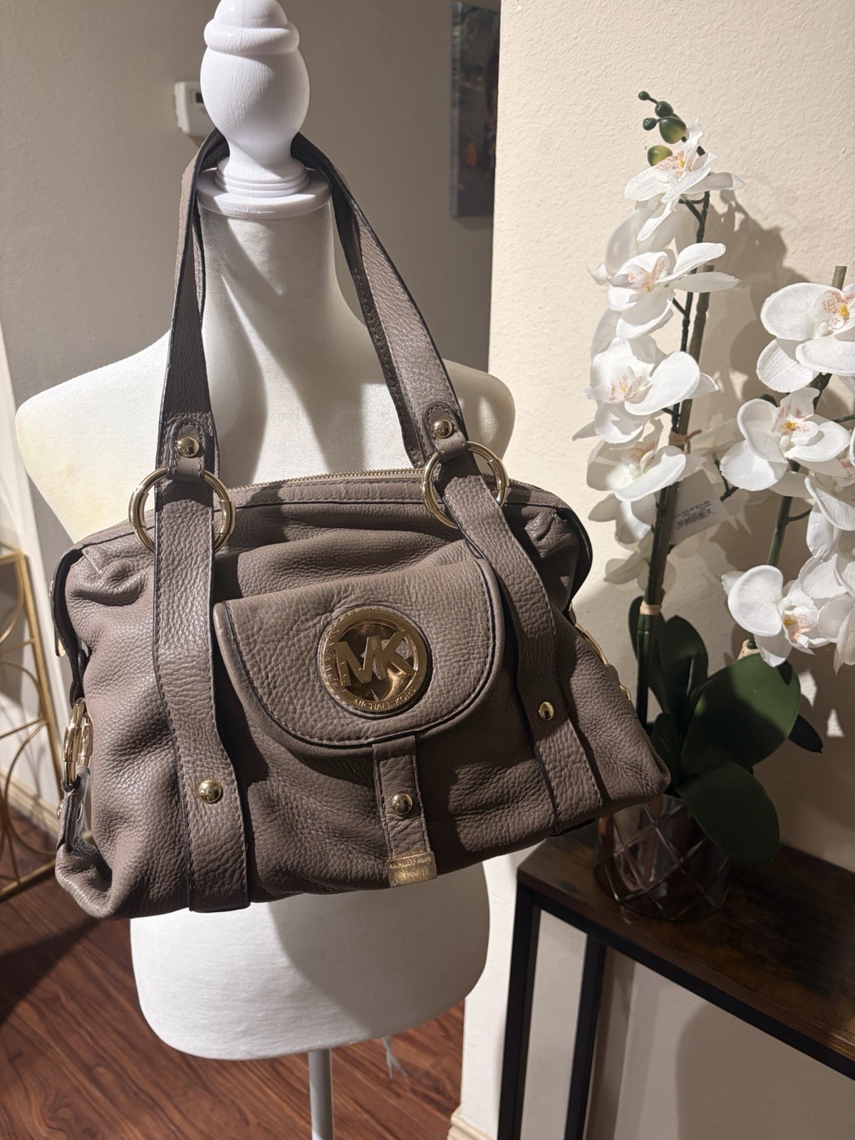 Michael Kors Taupe Pebbled Leather Satchel Top Handle Bag Gold Logo Accent Women