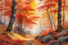 Realistic Landscape Autumn Maple Vista Canvas Wall Art Picture