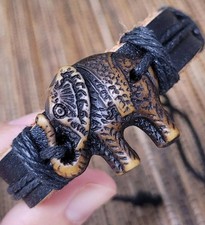 Elephant Bracelet   Handmade Leather Charm Jewelry with Brown Resin Elephant