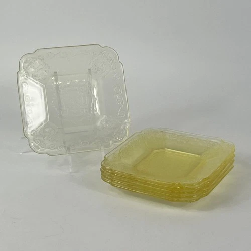 6 Indiana Glass Lorain Basket Salad Plate Yellow 5.5" Depression Antique 20s 30s