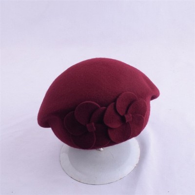 Women Vintage Wool Felt Flower Beret Hat Winter Warm Stewardess Cap Fedoras Hats