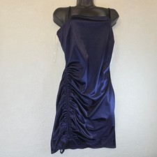 NWT Ruched Satin Bodycon Mini Dress Hoco Navy Blue Spaghetti Homecoming Women L