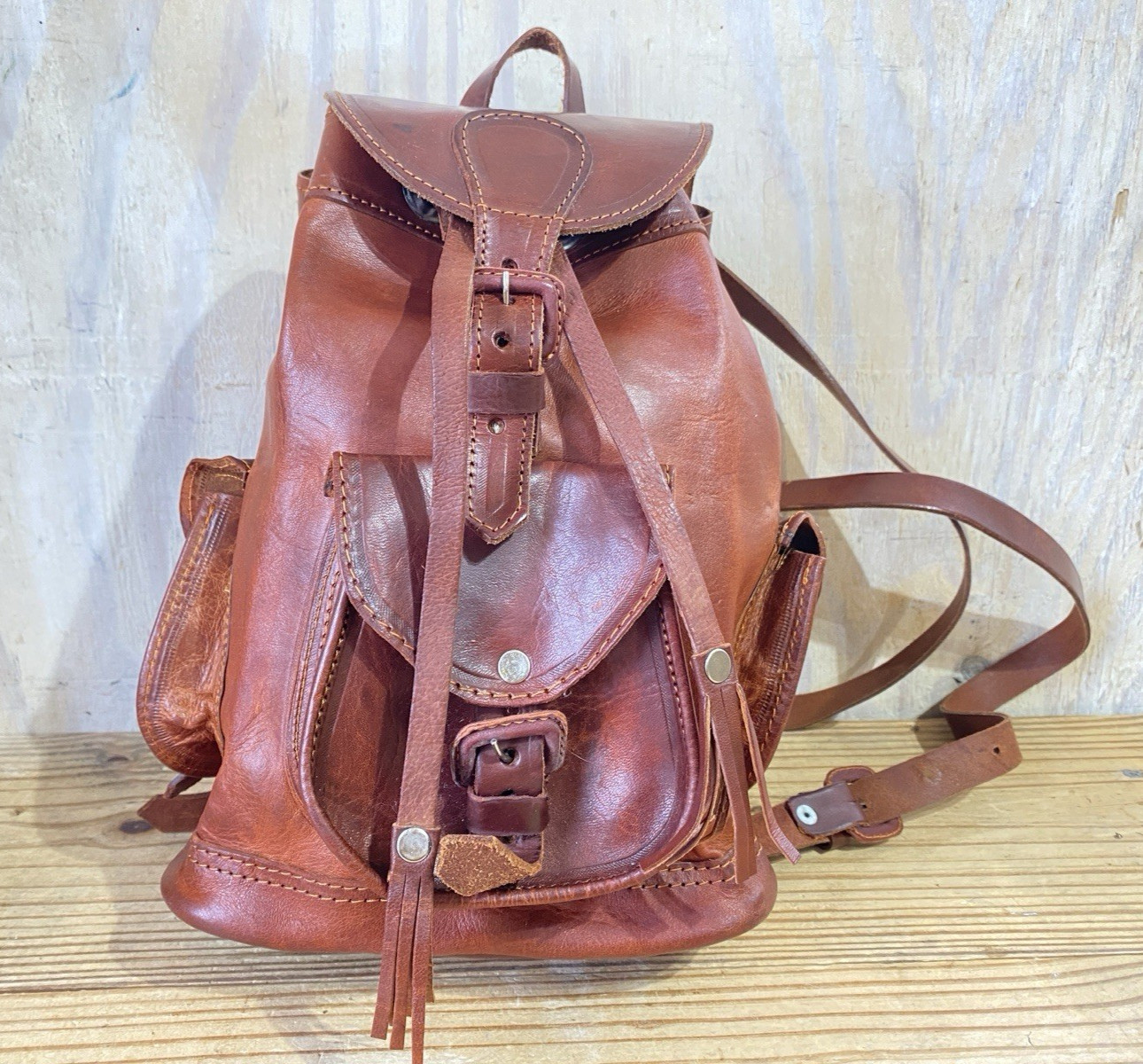 Handmade Small Brown Leather Drawstring Back Pack… - image 1