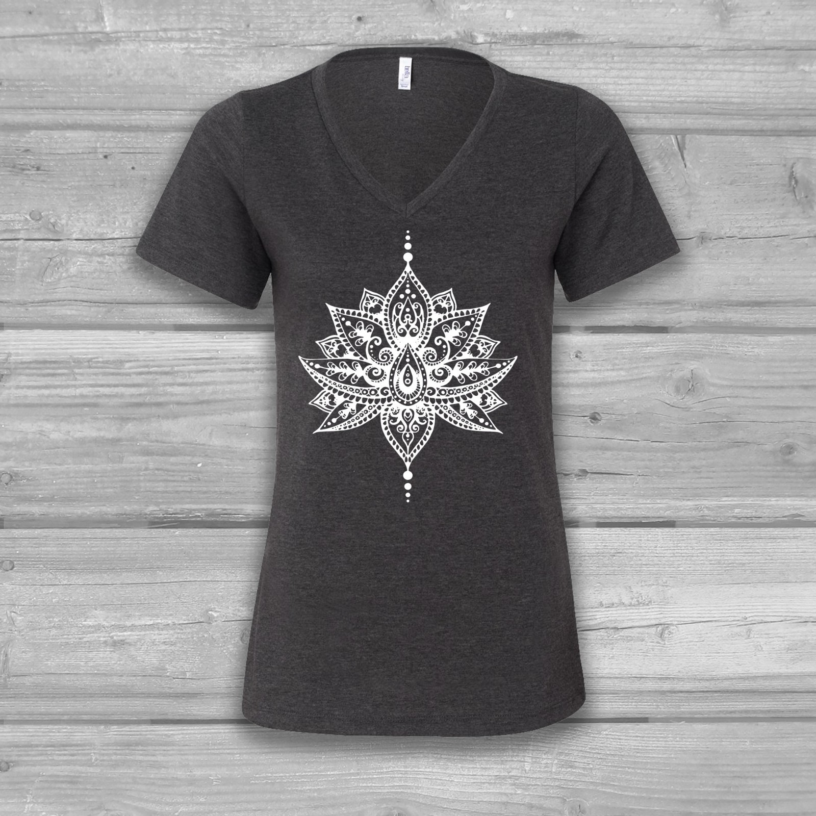 Boho Lotus Mandala Flowery V-Neck T-Shirt for Women, Yoga Graphic Tees-image