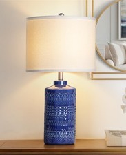 24.5" Navy Blue Table Lamp Modern Bedside Ceramic Lamps for Living Room 3-Way...