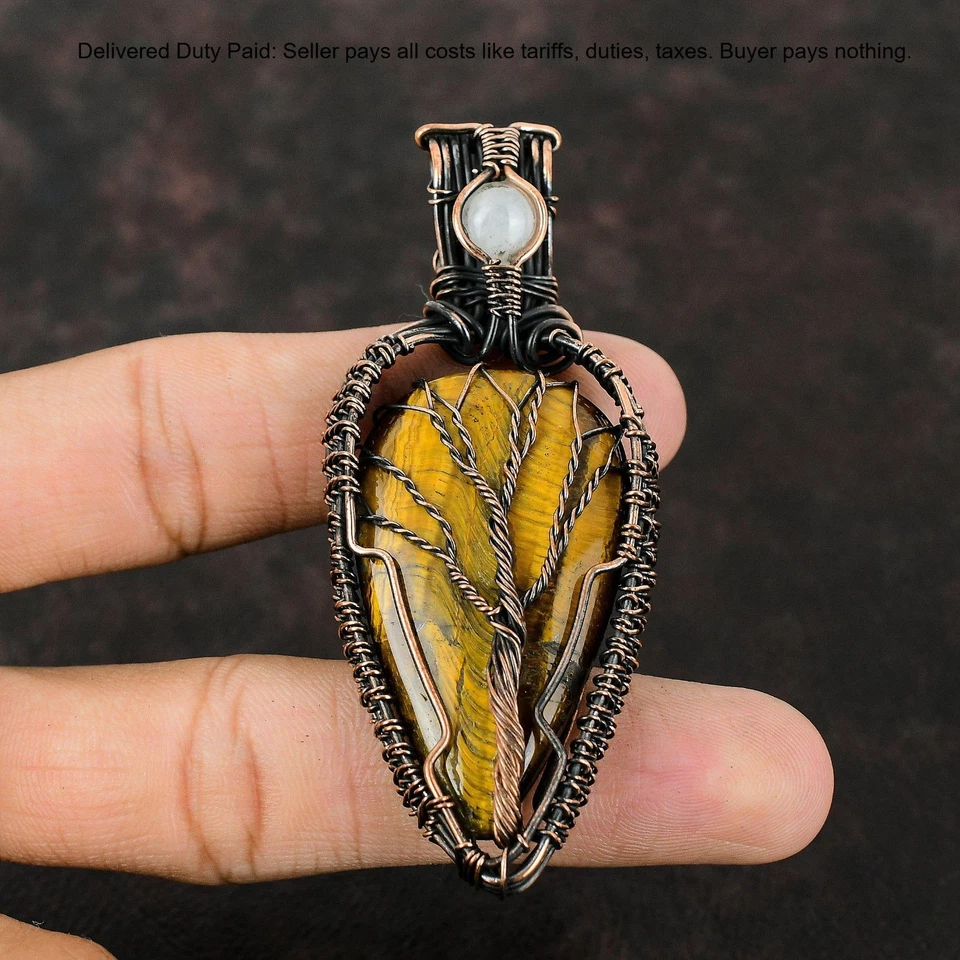 Christmas Deal Natural Tiger's Eye Rainbow Moonstone Tree Of Life Pendant Copper - Image 4 of 4