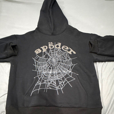 sp5der Men's Black Pullover Hoodie Spider Web Graphic Print Logo Size L